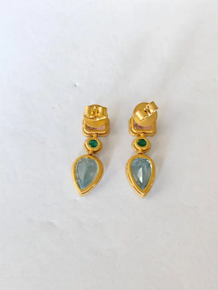 18K Yellow Matte Gold, Aquamarine, Emerald & Morganite Dangle Earring