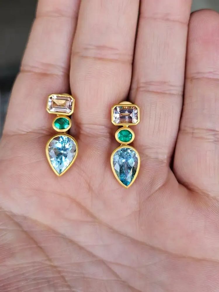 18K Yellow Matte Gold, Aquamarine, Emerald & Morganite Dangle Earring
