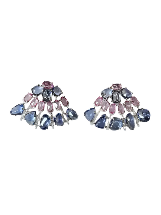 18k White Gold Diamond Stud Earrings - Natural Blue & Pink Sapphire Women Jewelry
