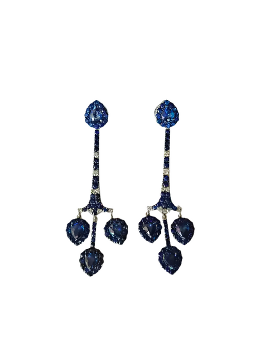 Natural Ceylon Blue Sapphire Chandelier Earring - 18k White Gold Diamond Handmade Dangle Earrings