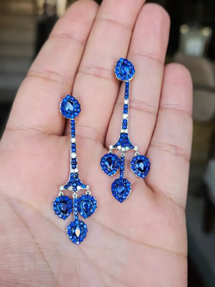 Natural Ceylon Blue Sapphire Chandelier Earring - 18k White Gold Diamond Handmade Dangle Earrings