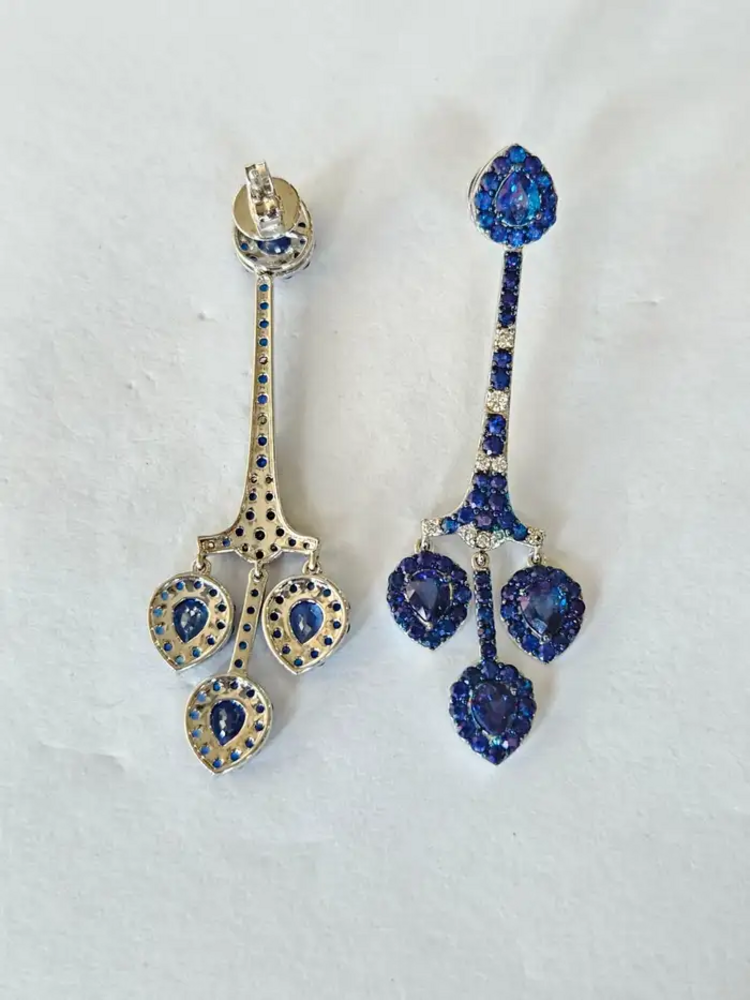Natural Ceylon Blue Sapphire Chandelier Earring - 18k White Gold Diamond Handmade Dangle Earrings