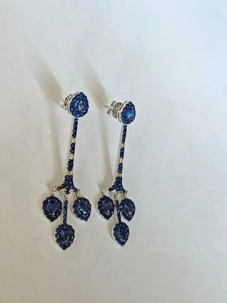 Natural Ceylon Blue Sapphire Chandelier Earring - 18k White Gold Diamond Handmade Dangle Earrings