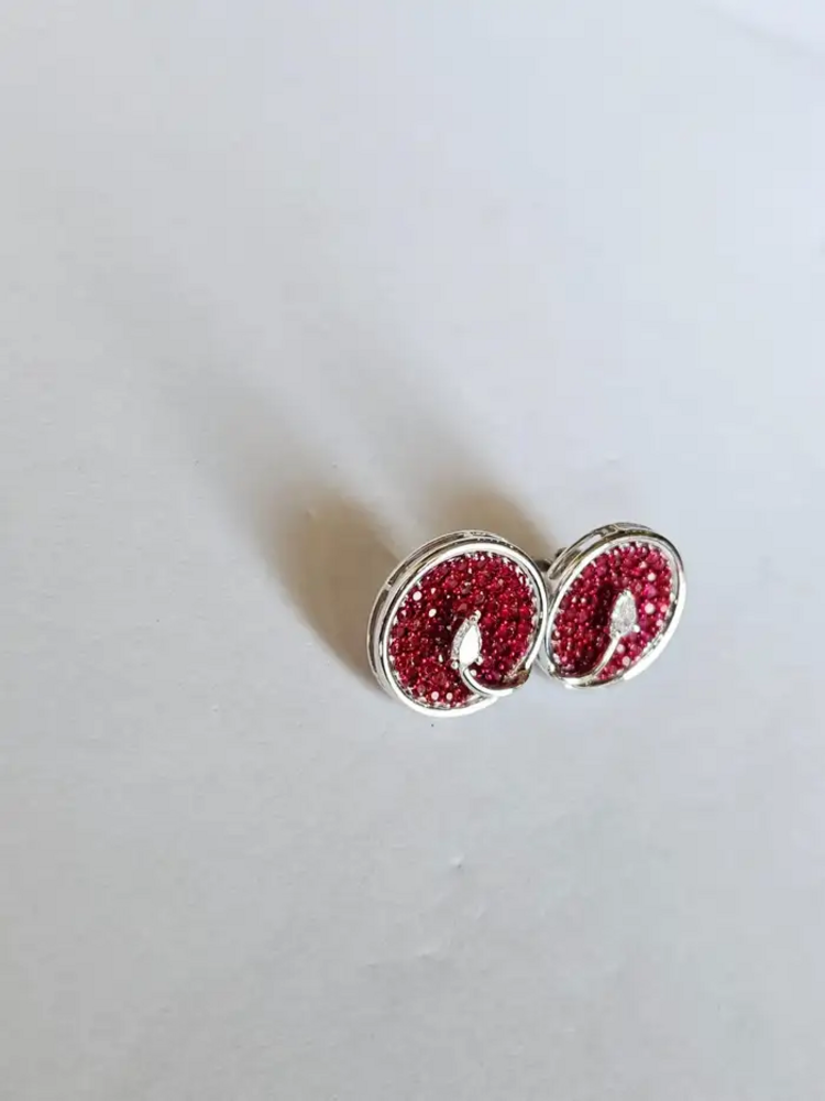 Natural Ruby Gemstone Round Stud Earrings - 18k White Gold Diamond Tiny Earrings