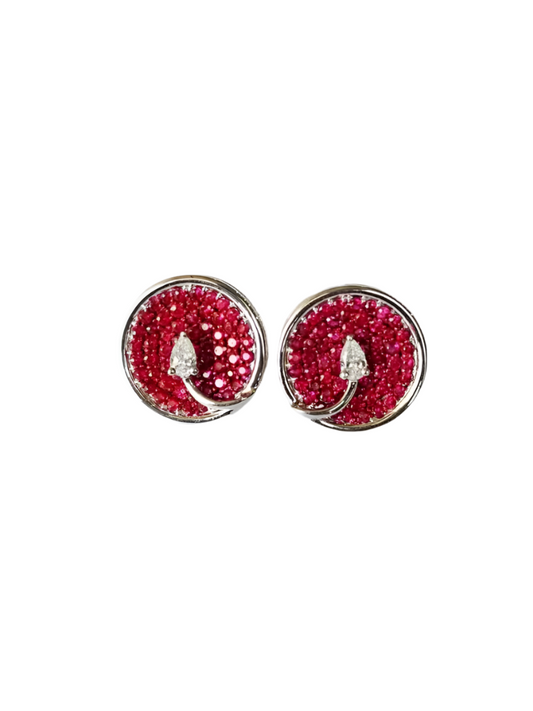 Natural Ruby Gemstone Round Stud Earrings - 18k White Gold Diamond Tiny Earrings