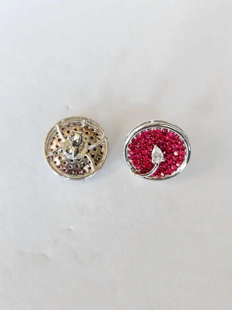 Natural Ruby Gemstone Round Stud Earrings - 18k White Gold Diamond Tiny Earrings
