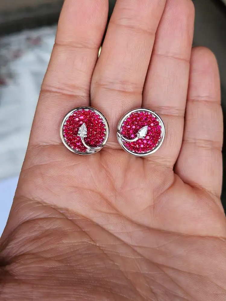 Natural Ruby Gemstone Round Stud Earrings - 18k White Gold Diamond Tiny Earrings