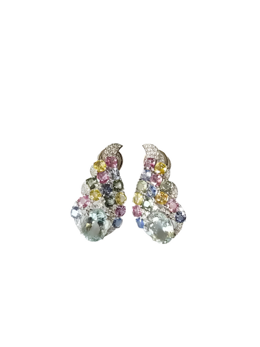 18k White Gold Diamond Chandelier Earrings - Natural Aquamarine & Multi Sapphire Earrings