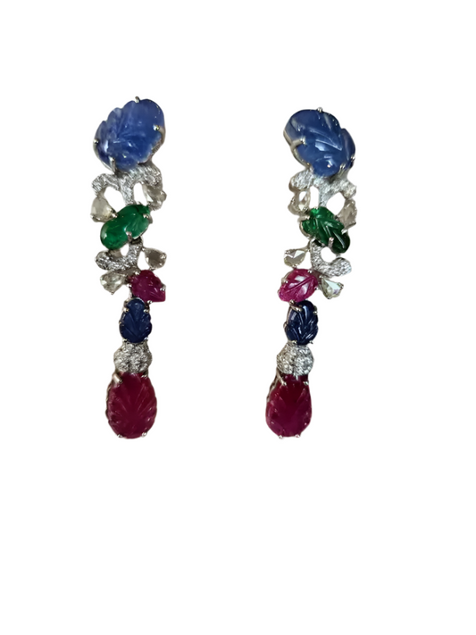 Natural Blue Sapphires, Emeralds, Rubies & Diamonds Chandelier Earrings - 18k White Gold Earrings