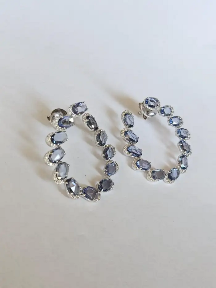 Natural Ceylon Blue Sapphire & Diamond Hoop Earrings - Solid 18k White Gold Handmade Earrings
