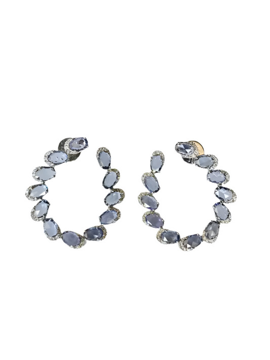 Natural Ceylon Blue Sapphire & Diamond Hoop Earrings - Solid 18k White Gold Handmade Earrings