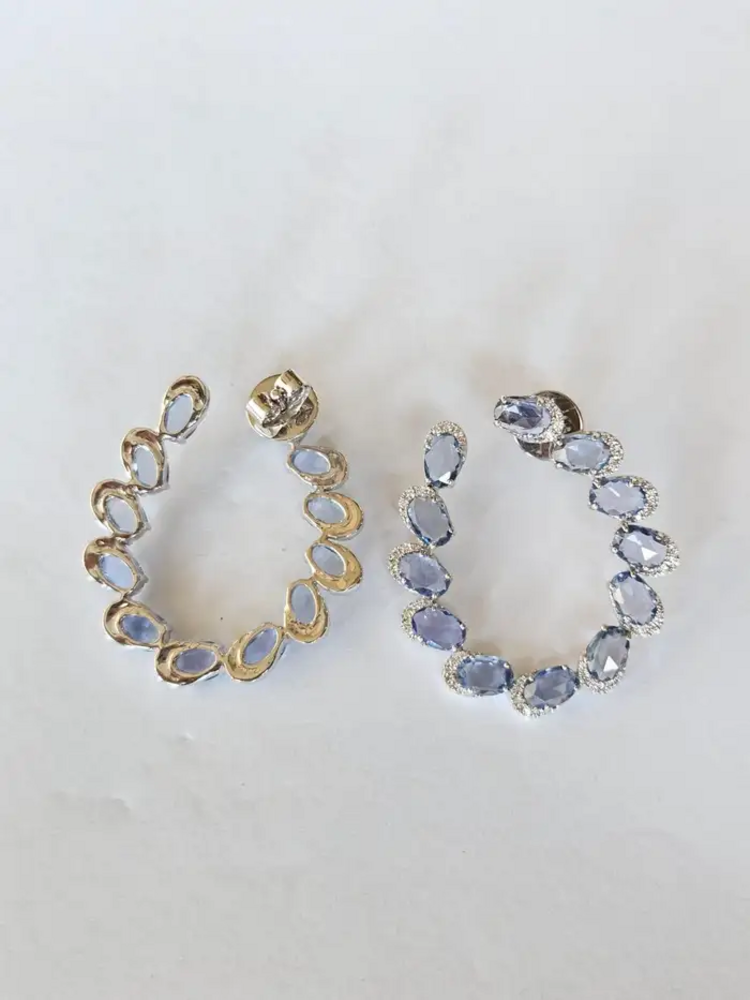 Natural Ceylon Blue Sapphire & Diamond Hoop Earrings - Solid 18k White Gold Handmade Earrings