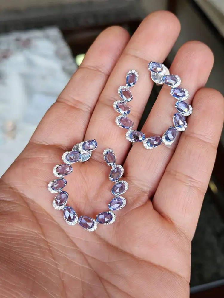 Natural Ceylon Blue Sapphire & Diamond Hoop Earrings - Solid 18k White Gold Handmade Earrings