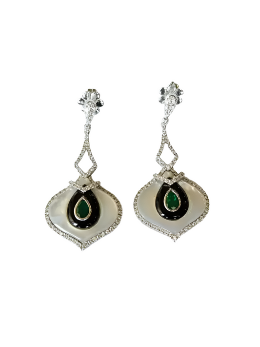 18k White Gold Zambian Emerald Dangle Earrings - Natural Diamond, Black Onyx & Pearl Wedding Earrings