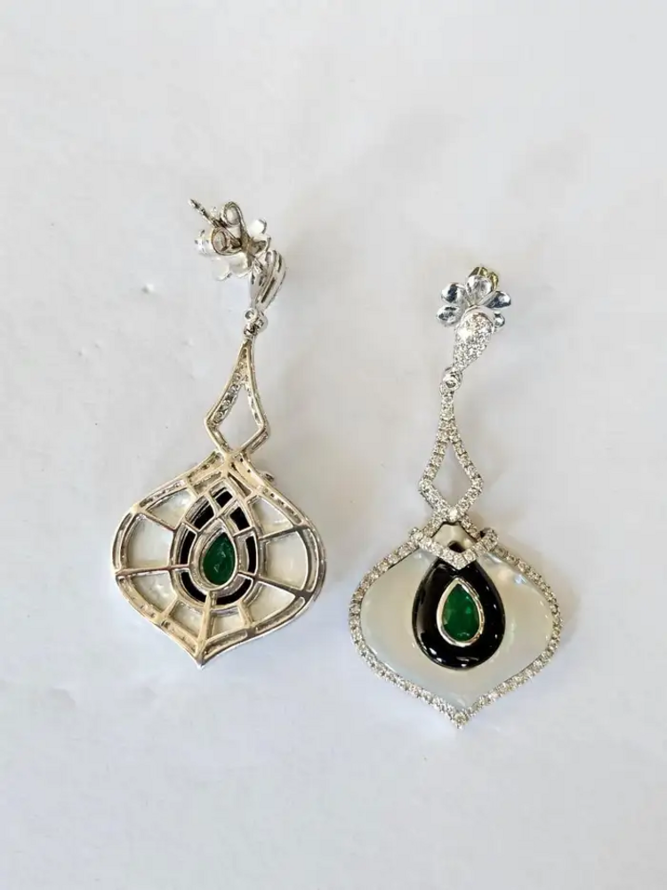 18k White Gold Zambian Emerald Dangle Earrings - Natural Diamond, Black Onyx & Pearl Wedding Earrings
