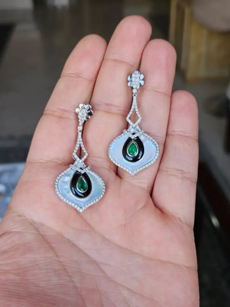18k White Gold Zambian Emerald Dangle Earrings - Natural Diamond, Black Onyx & Pearl Wedding Earrings
