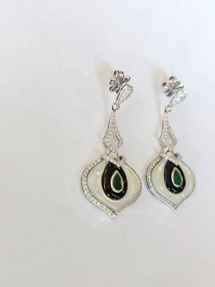 18k White Gold Zambian Emerald Dangle Earrings - Natural Diamond, Black Onyx & Pearl Wedding Earrings