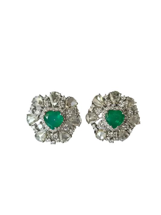 Natural Heart Shape Zambian Emerald Stud Earrings - 18k White Gold Rose Cut Diamond Tiny Earrings