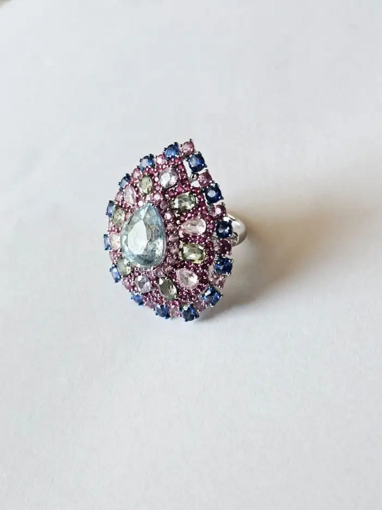Natural Aquamarine & Multi Sapphire Gemstone Statement Ring - 18k White Gold Diamond Wedding Ring