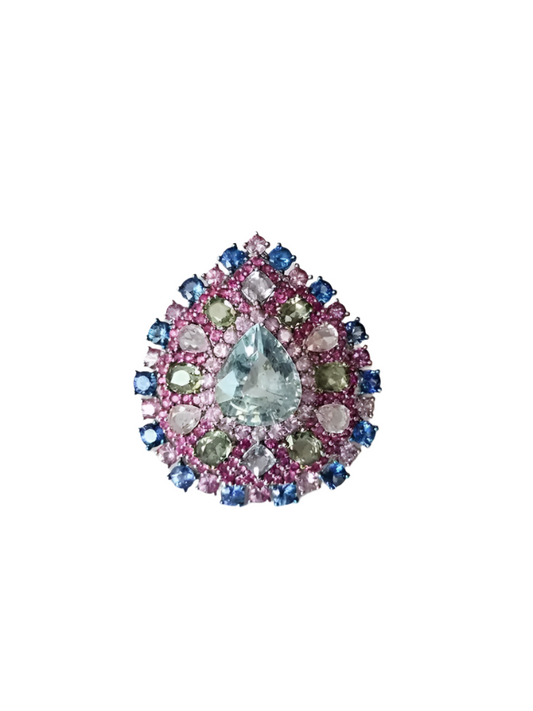 Natural Aquamarine & Multi Sapphire Gemstone Statement Ring - 18k White Gold Diamond Wedding Ring