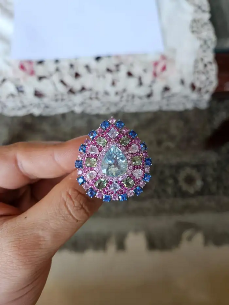 Natural Aquamarine & Multi Sapphire Gemstone Statement Ring - 18k White Gold Diamond Wedding Ring