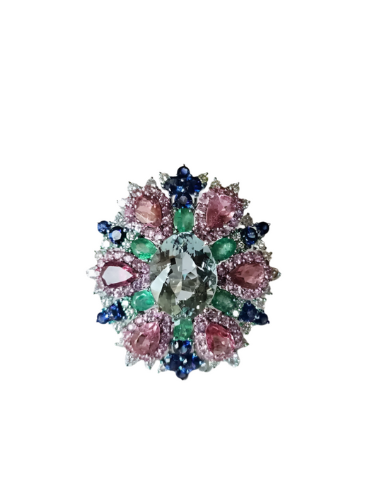 Natural Aquamarine, Sapphires & Emerald Statement Ring - 18k White Gold Diamond Wedding Ring