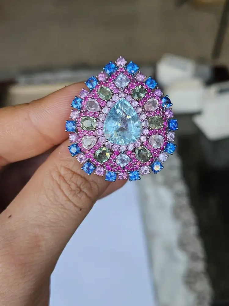 Natural Aquamarine & Multi Sapphire Gemstone Statement Ring - 18k White Gold Diamond Wedding Ring