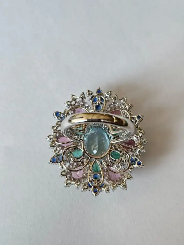 Natural Aquamarine, Sapphires & Emerald Statement Ring - 18k White Gold Diamond Wedding Ring