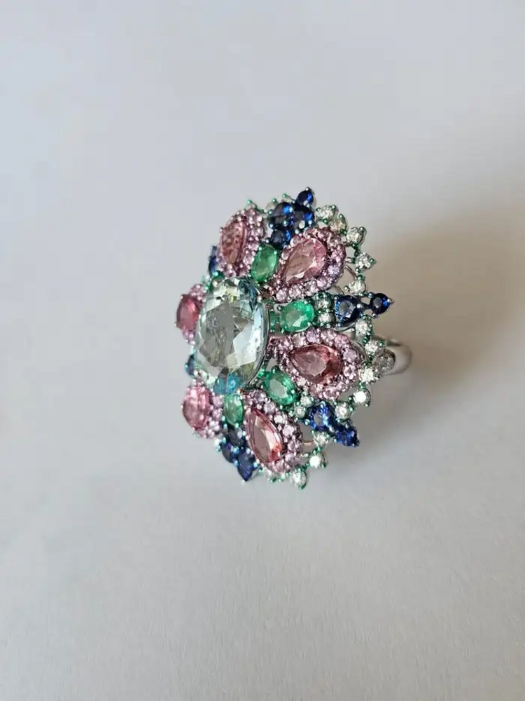 Natural Aquamarine, Sapphires & Emerald Statement Ring - 18k White Gold Diamond Wedding Ring