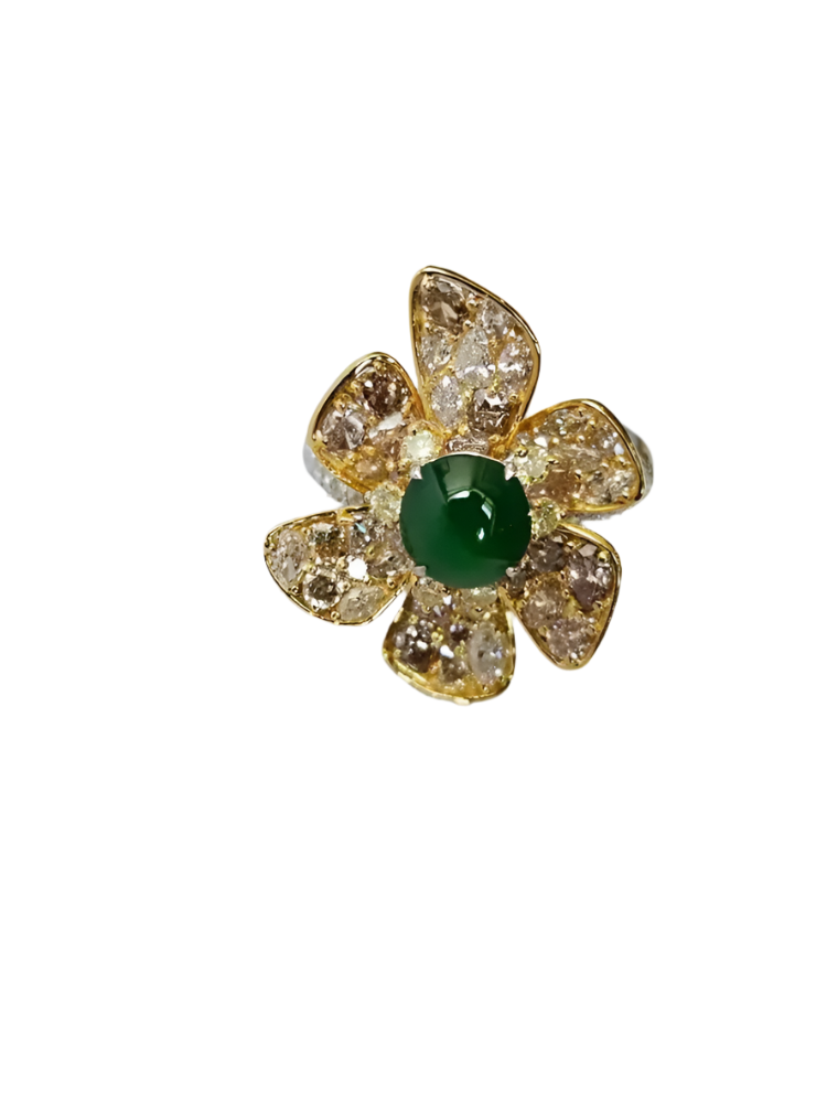 18k Yellow Gold Handmade Diamond Ring - Natural Jade Gemstone Engagement Ring