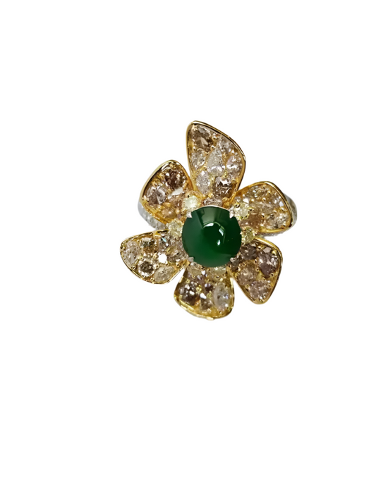 18k Yellow Gold Handmade Diamond Ring - Natural Jade Gemstone Engagement Ring