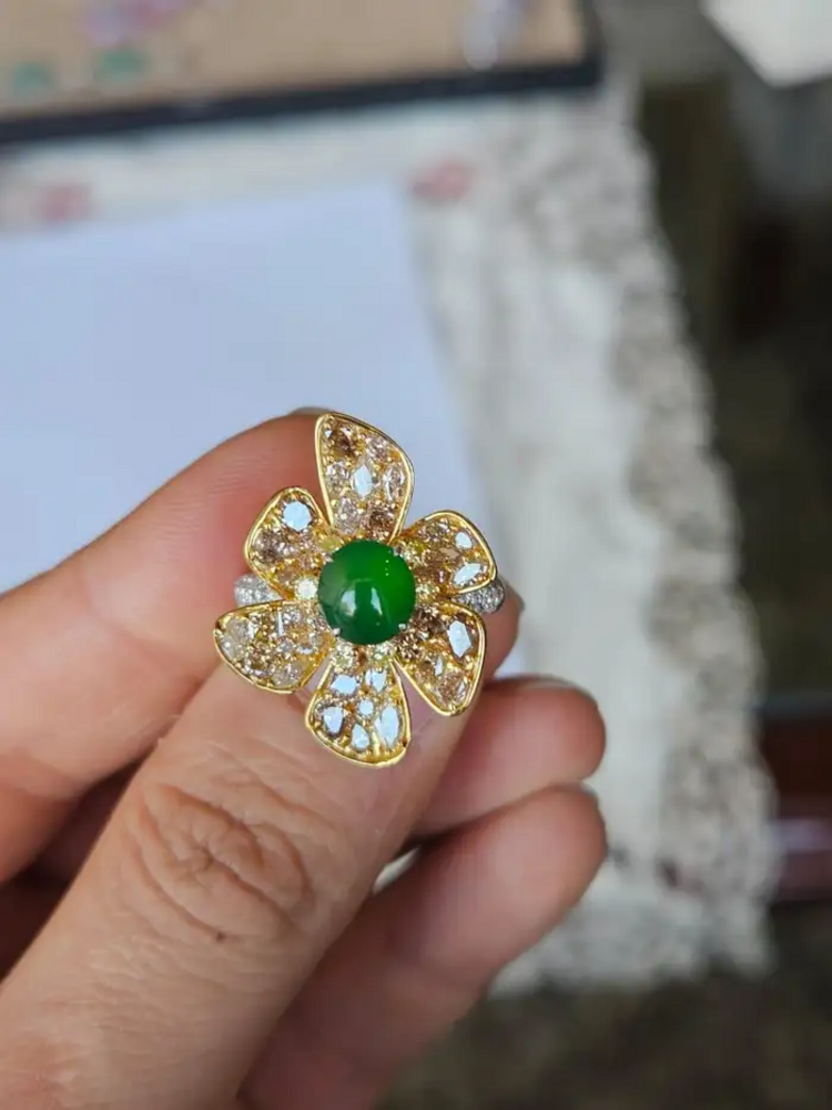 18k Yellow Gold Handmade Diamond Ring - Natural Jade Gemstone Engagement Ring