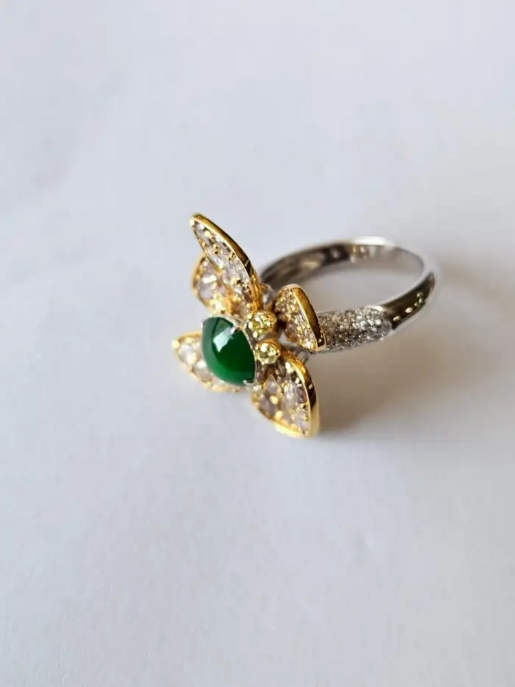 18k Yellow Gold Handmade Diamond Ring - Natural Jade Gemstone Engagement Ring