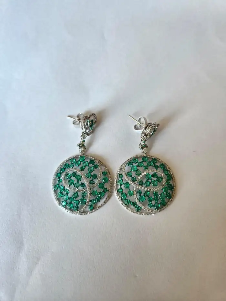 Natural Colombian Emerald Dangle Earrings - 18k White Gold Diamond Chandelier Earrings