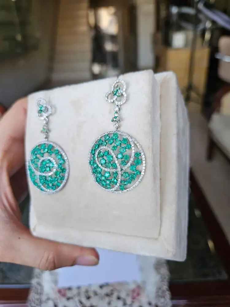Natural Colombian Emerald Dangle Earrings - 18k White Gold Diamond Chandelier Earrings