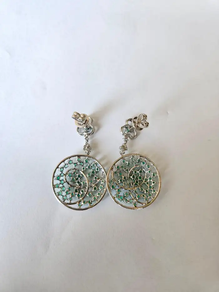Natural Colombian Emerald Dangle Earrings - 18k White Gold Diamond Chandelier Earrings