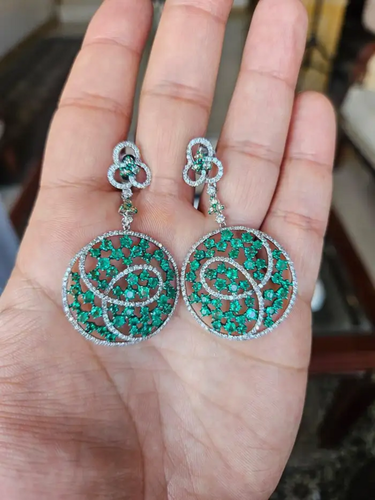 Natural Colombian Emerald Dangle Earrings - 18k White Gold Diamond Chandelier Earrings
