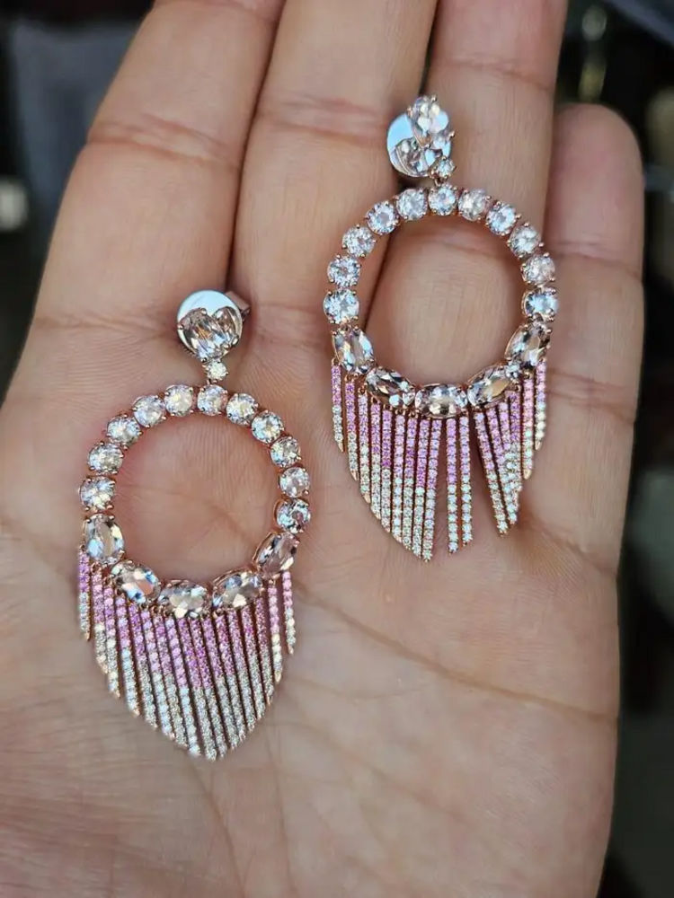 Natural Pink Sapphire & Morganite Gemstone Chandelier Earrings - 18k Rose Gold Diamond Earrings