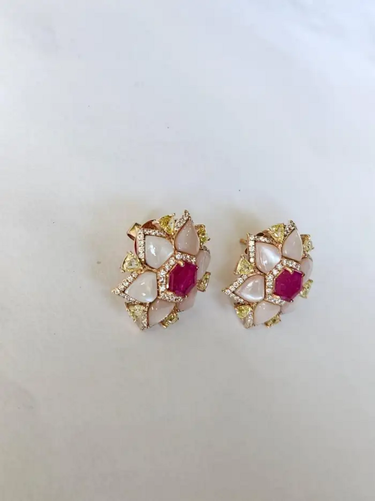 Natural Mozambique Ruby & Pearl Stud Earrings - 18k Rose Gold Yellow Diamond Earrings