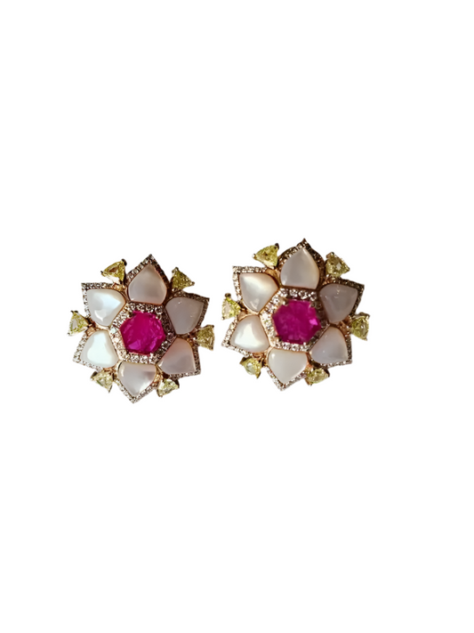 Natural Mozambique Ruby & Pearl Stud Earrings - 18k Rose Gold Yellow Diamond Earrings