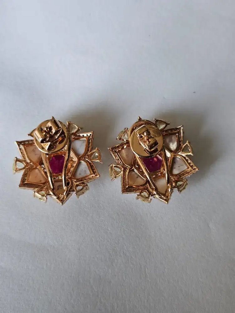 Natural Mozambique Ruby & Pearl Stud Earrings - 18k Rose Gold Yellow Diamond Earrings