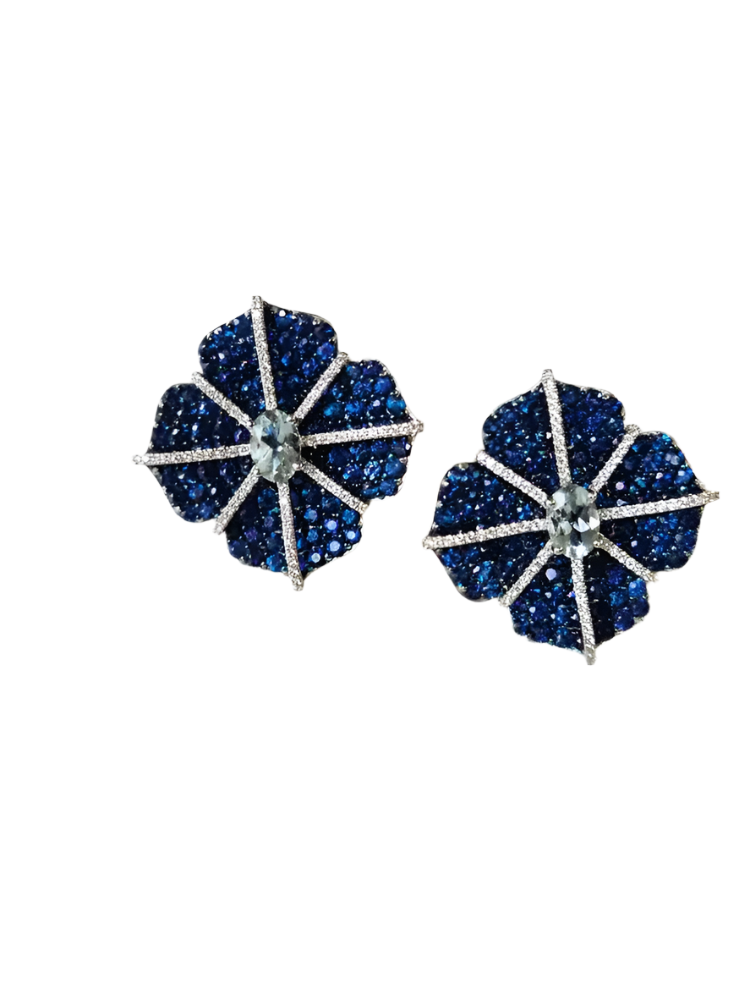 18k White Gold Diamond Floral Earrings - Natural Aquamarine & Blue Sapphire Stud Earrings