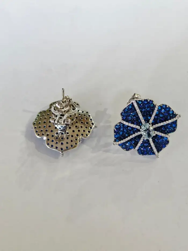 18k White Gold Diamond Floral Earrings - Natural Aquamarine & Blue Sapphire Stud Earrings