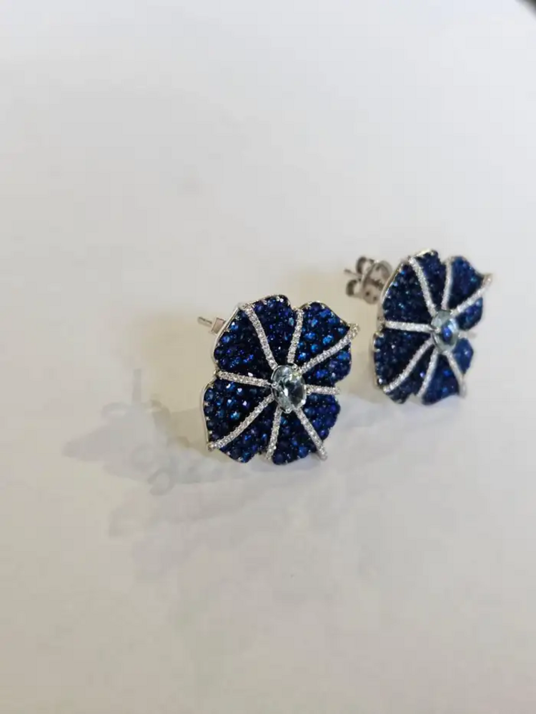18k White Gold Diamond Floral Earrings - Natural Aquamarine & Blue Sapphire Stud Earrings