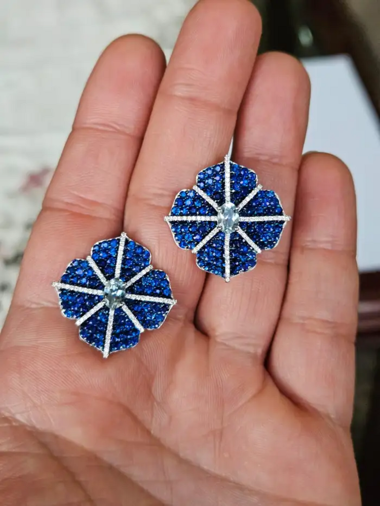 18k White Gold Diamond Floral Earrings - Natural Aquamarine & Blue Sapphire Stud Earrings