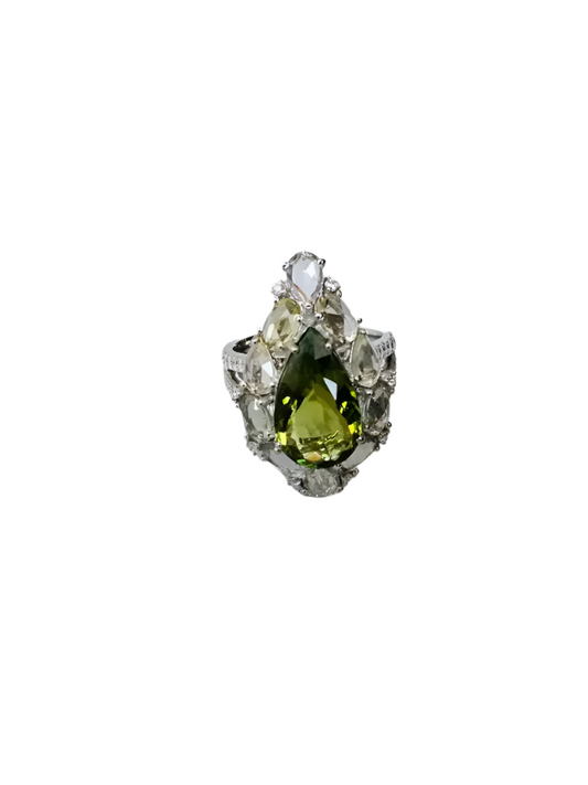 Natural Tourmaline & White Sapphire Ring - 18k White Gold Diamond Handmade Ring