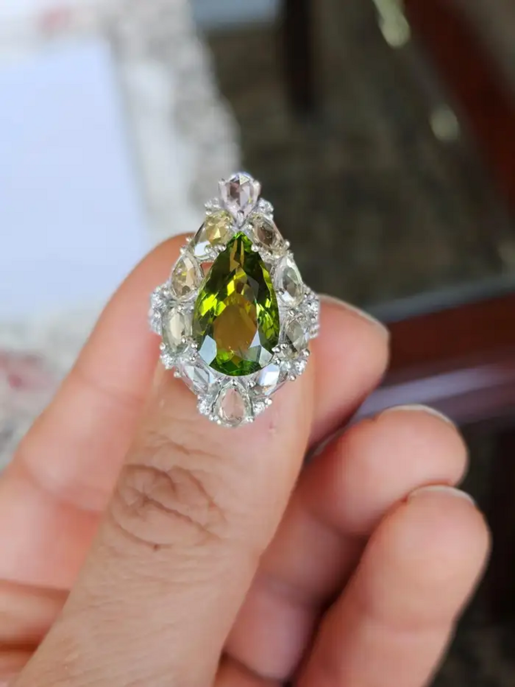 Natural Tourmaline & White Sapphire Ring - 18k White Gold Diamond Handmade Ring
