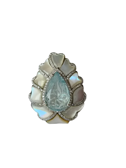 18k White Gold Diamond Statement Ring - Carved Aquamarine & Pearl Cocktail Ring