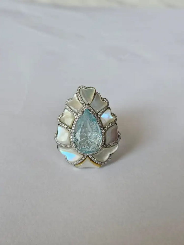 18k White Gold Diamond Statement Ring - Carved Aquamarine & Pearl Cocktail Ring