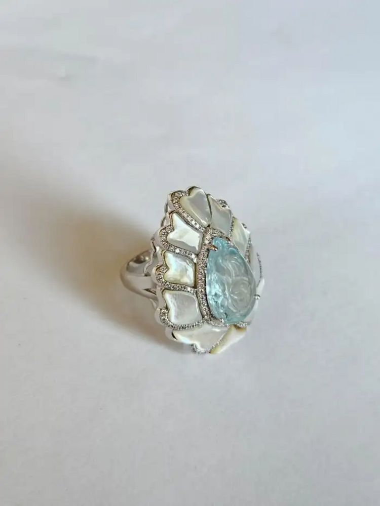 18k White Gold Diamond Statement Ring - Carved Aquamarine & Pearl Cocktail Ring